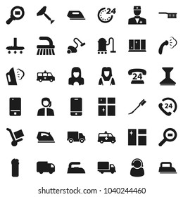 Flat vector icon set - scraper vector, vacuum cleaner, fetlock, car, window cleaning, iron, steaming, agent, shining, woman, phone 24, support, delivery, cargo search, mobile, doctor, amkbulance