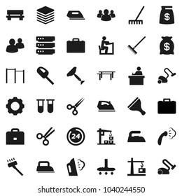 Flat vector icon set - scraper vector, vacuum cleaner, rake, iron, steaming, student, case, horizontal bar, group, vial, scissors, big data, gear, bench, construction crane, money bag, 24 hour