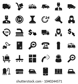 Flat vector icon set - scraper vector, vacuum cleaner, fetlock, car, window cleaning, iron, steaming, agent, shining, woman, dollar cursor, phone 24, delivery, cargo search, mobile, doctor, hour