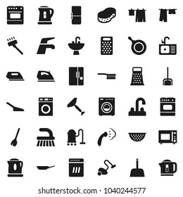 Flat vector icon set - scraper vector, broom, water tap, vacuum cleaner, fetlock, scoop, sponge, iron, steaming, drying clothes, washer, sink, pan, kettle, colander, grater, microwave oven, fridge