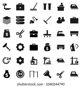 Flat vector icon set - scraper vector, vacuum cleaner, rake, iron, steaming, student, case, money bag, horizontal bar, big scales, group, vial, scissors, data, gear, bench, construction crane