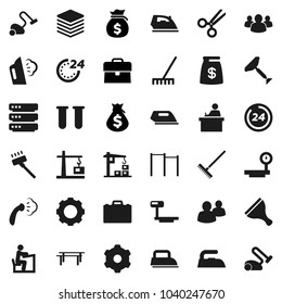 Flat vector icon set - scraper vector, vacuum cleaner, rake, iron, steaming, student, case, money bag, horizontal bar, big scales, group, vial, scissors, data, gear, construction crane, 24 hour
