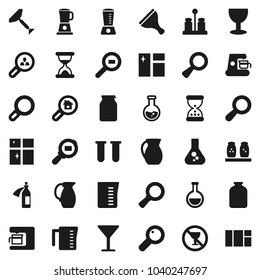 Flat vector icon set - scraper vector, window cleaning, shining, measuring cup, spices, jug, jar, magnifier, flask, no alcohol sign, glass, cargo search, vial, sand clock, potion, estate, client