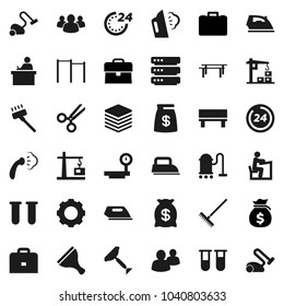 Flat vector icon set - scraper vector, vacuum cleaner, rake, iron, steaming, student, case, money bag, horizontal bar, big scales, group, vial, scissors, data, gear, bench, construction crane