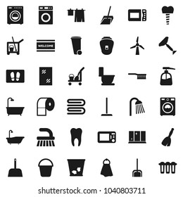 Flat vector icon set - scraper vector, cleaner trolley, broom, fetlock, mop, scoop, bucket, towel, trash bin, window cleaning, welcome mat, bath, toilet, drying clothes, washer, liquid soap, shining