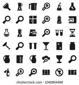 Flat vector icon set - scraper vector, window cleaning, shining, measuring cup, hand mill, jug, jar, magnifier, flask, no alcohol sign, glass, cargo search, vial, sand clock, potion, cloud, estate