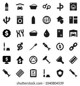 Flat vector icon set - scraper vector, water drop, car fetlock, window cleaning, toilet brush, washer, foam basin, blender, exchange, dollar growth, medal, monitor, bottle, route, internet, chain
