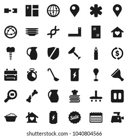 Flat vector icon set - scraper vector, vacuum cleaner, window cleaning, foam basin, plates, cook timer, ladle, cookbook, jug, corner ruler, backpack, exchange, punching bag, enegry drink, calendar