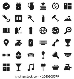 Flat vector icon set - scraper vector, vacuum cleaner, window cleaning, foam basin, agent, plates, shining, colander, cook timer, ladle, cookbook, jug, backpack, music, exchange, punching bag, glass