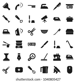Flat vector icon set - scraper vector, fetlock, rake, sponge, car, iron, steaming, toilet brush, pan, colander, measuring cup, cook press, whisk, ladle, rolling pin, double boiler, pen, telescope
