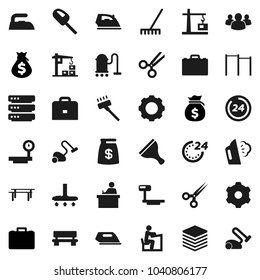 Flat vector icon set - scraper vector, vacuum cleaner, rake, iron, steaming, student, case, money bag, horizontal bar, big scales, group, scissors, data, gear, bench, construction crane, 24 hour