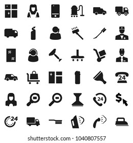 Flat vector icon set - scraper vector, vacuum cleaner, fetlock, car, window cleaning, steaming, agent, shining, woman, dollar cursor, phone 24, support, delivery, cargo search, mobile, doctor, hour