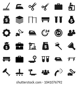 Flat vector icon set - scraper vector, vacuum cleaner, rake, iron, steaming, student, case, money bag, horizontal bar, big scales, group, vial, scissors, data, gear, bench, construction crane
