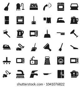 Flat vector icon set - scraper vector, broom, water tap, vacuum cleaner, fetlock, scoop, sponge, iron, steaming, drying clothes, sink, pan, kettle, grater, microwave oven, washer, fridge