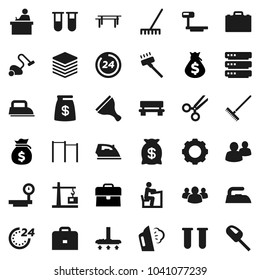 Flat vector icon set - scraper vector, vacuum cleaner, rake, iron, steaming, student, case, money bag, horizontal bar, big scales, group, vial, scissors, data, gear, bench, construction crane