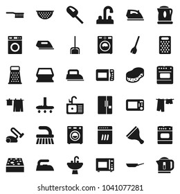 Flat vector icon set - scraper vector, broom, vacuum cleaner, fetlock, scoop, sponge, iron, drying clothes, washer, sink, water tap, pan, colander, grater, microwave oven, fridge, dishwasher, kettle