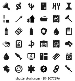 Flat vector icon set - scraper vector, water drop, car fetlock, window cleaning, toilet brush, washer, foam basin, blender, dollar growth, medal, monitor, bottle, route, internet, ambulance star