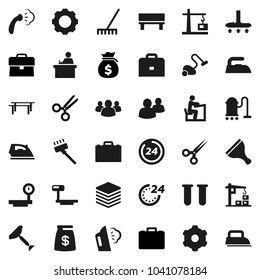 Flat vector icon set - scraper vector, vacuum cleaner, rake, iron, steaming, student, case, money bag, horizontal bar, big scales, group, vial, scissors, data, gear, bench, construction crane