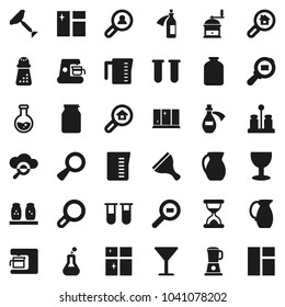 Flat vector icon set - scraper vector, window cleaning, shining, measuring cup, hand mill, spices, jug, jar, flask, glass, cargo search, vial, magnifier, sand clock, potion, cloud, estate, client