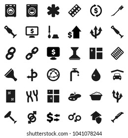 Flat vector icon set - scraper vector, water drop, car fetlock, window cleaning, toilet brush, foam basin, shining, blender, exchange, dollar growth, monitor, route, internet, ambulance star, chain