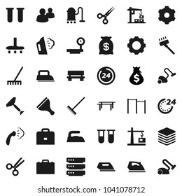 Flat vector icon set - scraper vector, vacuum cleaner, rake, iron, steaming, case, money bag, horizontal bar, big scales, group, vial, scissors, data, gear, bench, construction crane, 24 hour