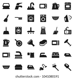 Flat vector icon set - scraper vector, broom, water tap, vacuum cleaner, fetlock, scoop, sponge, iron, steaming, drying clothes, washer, sink, pan, kettle, colander, grater, microwave oven