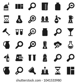 Flat vector icon set - scraper vector, measuring cup, hand mill, spices, jug, jar, magnifier, flask, glass, cargo search, vial, sand clock, potion, cloud, estate, client, coffee maker, blender