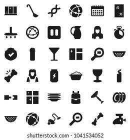 Flat vector icon set - scraper vector, vacuum cleaner, window cleaning, foam basin, agent, plates, shining, woman, colander, cook timer, ladle, jug, backpack, enegry drink, calendar, glass, internet