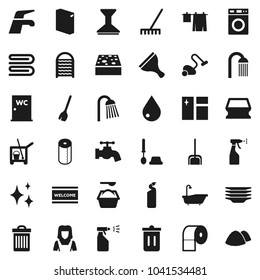 Flat vector icon set - scraper vector, cleaner trolley, broom, water tap, vacuum, scoop, rake, sponge, towel, trash bin, drop, car fetlock, shining, window cleaning, welcome mat, bath, toilet brush