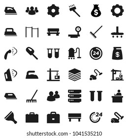 Flat vector icon set - scraper vector, vacuum cleaner, rake, iron, steaming, student, case, money bag, horizontal bar, big scales, group, vial, data, gear, bench, construction crane, 24 hour