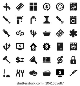 Flat vector icon set - scraper vector, car fetlock, window cleaning, toilet brush, washer, foam basin, shining, blender, exchange, dollar growth, medal, monitor, route, internet, ambulance star