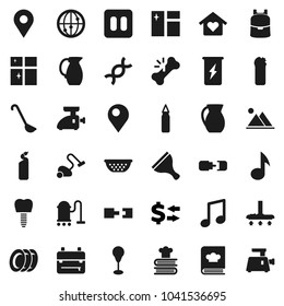 Flat vector icon set - scraper vector, vacuum cleaner, window cleaning, agent, plates, shining, colander, ladle, cookbook, jug, backpack, music, exchange, punching bag, enegry drink, internet, dna