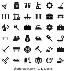 Flat vector icon set - scraper vector, vacuum cleaner, rake, iron, steaming, student, case, money bag, horizontal bar, big scales, group, vial, scissors, data, gear, bench, construction crane