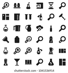 Flat vector icon set - scraper vector, window cleaning, shining, measuring cup, hand mill, spices, jug, jar, oil, magnifier, flask, glass, vial, sand clock, potion, cloud, search estate, client