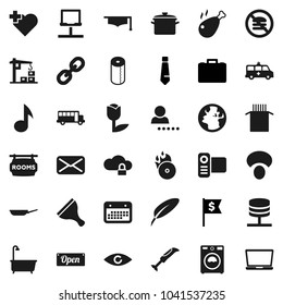 Flat vector icon set - scraper vector, bath, washer, toilet paper, pan, pasta, mushroom, chicken leg, graduate hat, pen, school bus, music, case, dollar flag, tie, no fastfood, heart cross, earth
