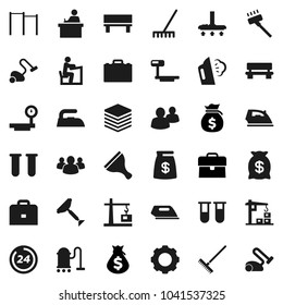 Flat vector icon set - scraper vector, vacuum cleaner, rake, iron, steaming, student, case, money bag, horizontal bar, big scales, group, vial, data, gear, bench, construction crane, 24 hour