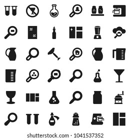 Flat vector icon set - scraper vector, window cleaning, measuring cup, hand mill, spices, jug, jar, oil, magnifier, flask, no alcohol sign, glass, cargo search, vial, potion, cloud, estate, client
