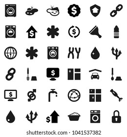Flat vector icon set - scraper vector, water drop, window cleaning, toilet brush, washer, foam basin, shining, blender, exchange, dollar growth, medal, monitor, bottle, internet, ambulance star