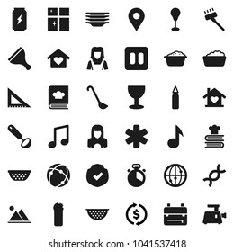 Flat vector icon set - scraper vector, vacuum cleaner, foam basin, cleaning agent, plates, shining window, woman, colander, cook timer, ladle, cookbook, corner ruler, backpack, music, exchange, dna