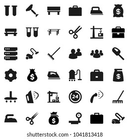 Flat vector icon set - scraper vector, vacuum cleaner, rake, iron, steaming, case, money bag, horizontal bar, big scales, group, vial, scissors, data, gear, bench, construction crane, 24 hour