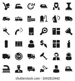 Flat vector icon set - scraper vector, vacuum cleaner, fetlock, car, window cleaning, iron, steaming, agent, shining, woman, dollar cursor, support, delivery, cargo search, mobile phone, doctor