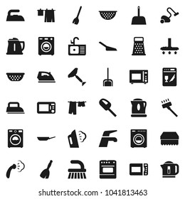 Flat vector icon set - scraper vector, broom, water tap, vacuum cleaner, fetlock, scoop, sponge, iron, steaming, drying clothes, washer, sink, pan, kettle, colander, grater, microwave oven