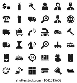 Flat vector icon set - scraper vector, vacuum cleaner, fetlock, car, steaming, cleaning agent, shining window, dollar cursor, phone 24, support, delivery, cargo search, mobile, doctor, amkbulance