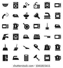 Flat vector icon set - scraper vector, water tap, vacuum cleaner, fetlock, scoop, sponge, iron, steaming, washer, sink, pan, kettle, colander, grater, microwave oven, fridge