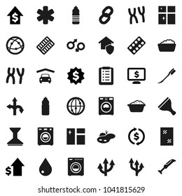 Flat vector icon set - scraper vector, water drop, car fetlock, window cleaning, washer, foam basin, shining, exchange, dollar growth, medal, monitor, bottle, route, internet, ambulance star, chain