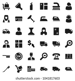 Flat vector icon set - scraper vector, fetlock, car, window cleaning, iron, agent, shining, cleaner woman, dollar cursor, phone 24, support, delivery, cargo search, hospital building, amkbulance