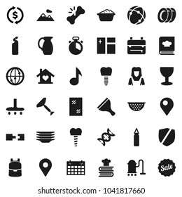 Flat vector icon set - scraper vector, vacuum cleaner, window cleaning, foam basin, agent, plates, woman, colander, cook timer, cookbook, jug, backpack, music, exchange, punching bag, calendar, dna