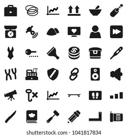 Flat vector icon set - scraper vector, welcome mat, garbage pile, knife, meat hammer, cookbook, pencil, corner ruler, case, telescope, graph, swimsuite, skateboard, heart monitor, hoop, top sign