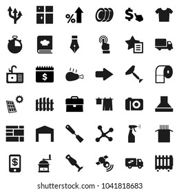 Flat vector icon set - scraper vector, drying clothes, sprayer, shining window, toilet paper, sink, spatula, hand mill, cookbook, blender, plates, pasta, chicken leg, pen, percent growth, case, barn