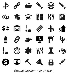 Flat vector icon set - scraper vector, car fetlock, toilet brush, washer, foam basin, shining window, blender, exchange, dollar growth, medal, monitor, water bottle, route, internet, ambulance star